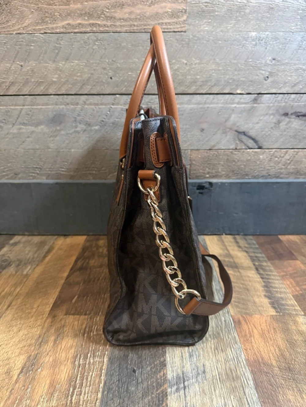 Michael Kors Hamilton Large Tote Brown MK Logo Leather Trim Like New w/ Strap
